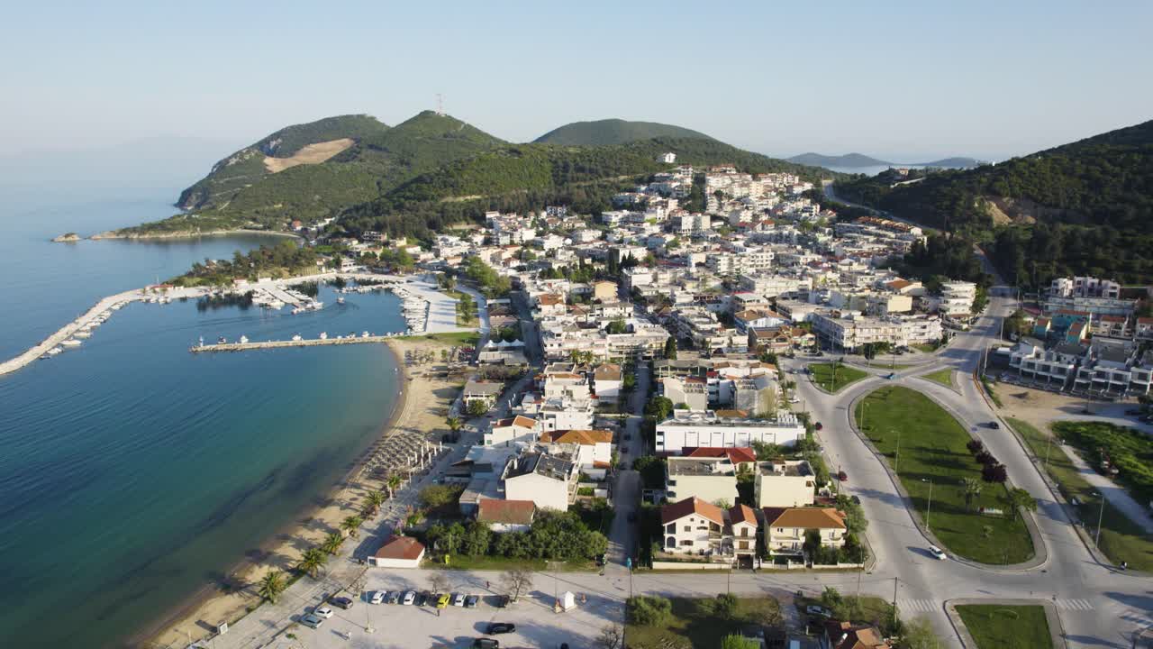 Nea Iraklitsa Kavala Greece, Aerial Point of Interest Shot, Panoramic View of Coastal Village, Greek Summer Destination