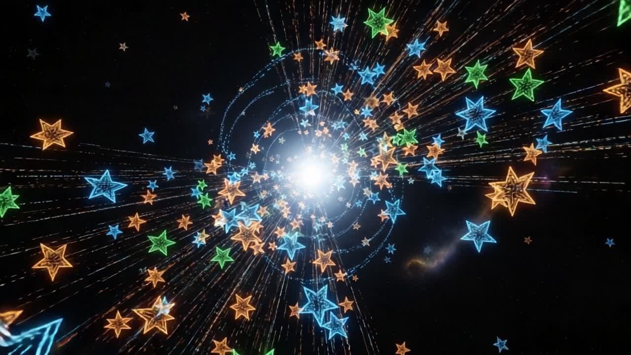 A Vibrant Cosmic Journey: Stars of Various Colors Expanding Towards a Brilliant Light, Ultimately Creating a Captivating Galactic Spiral Effect