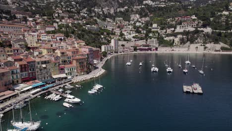 Coastline-Southern-France-Town-of-Villefranche-Sur-Mer-in-Summer,-Aerial