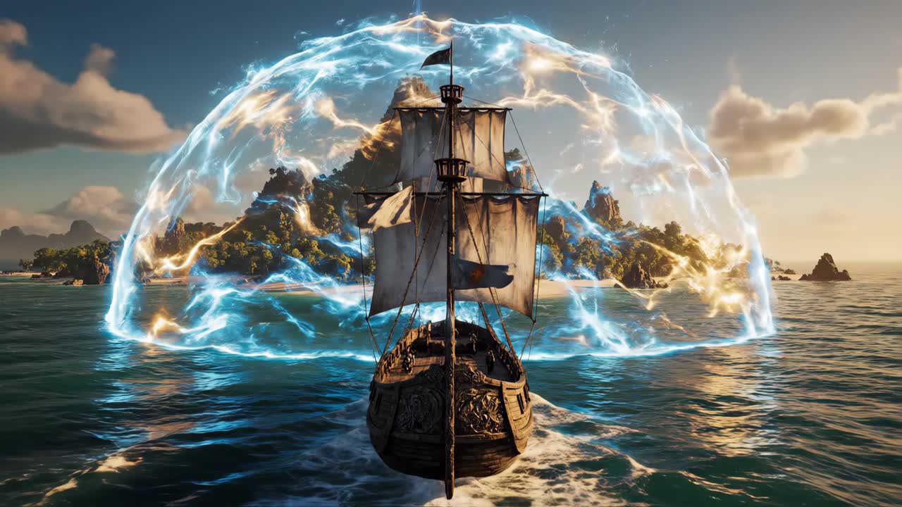 Sailing ship at sea with mystical protection
