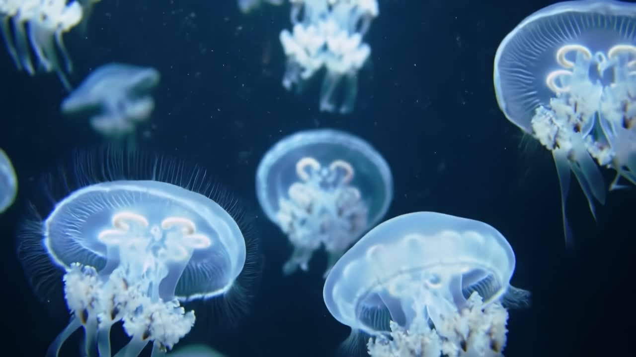 迷人海底世界：探索漆黑海洋中水母的優雅舞動，展現其飄渺之美與獨特生物發光