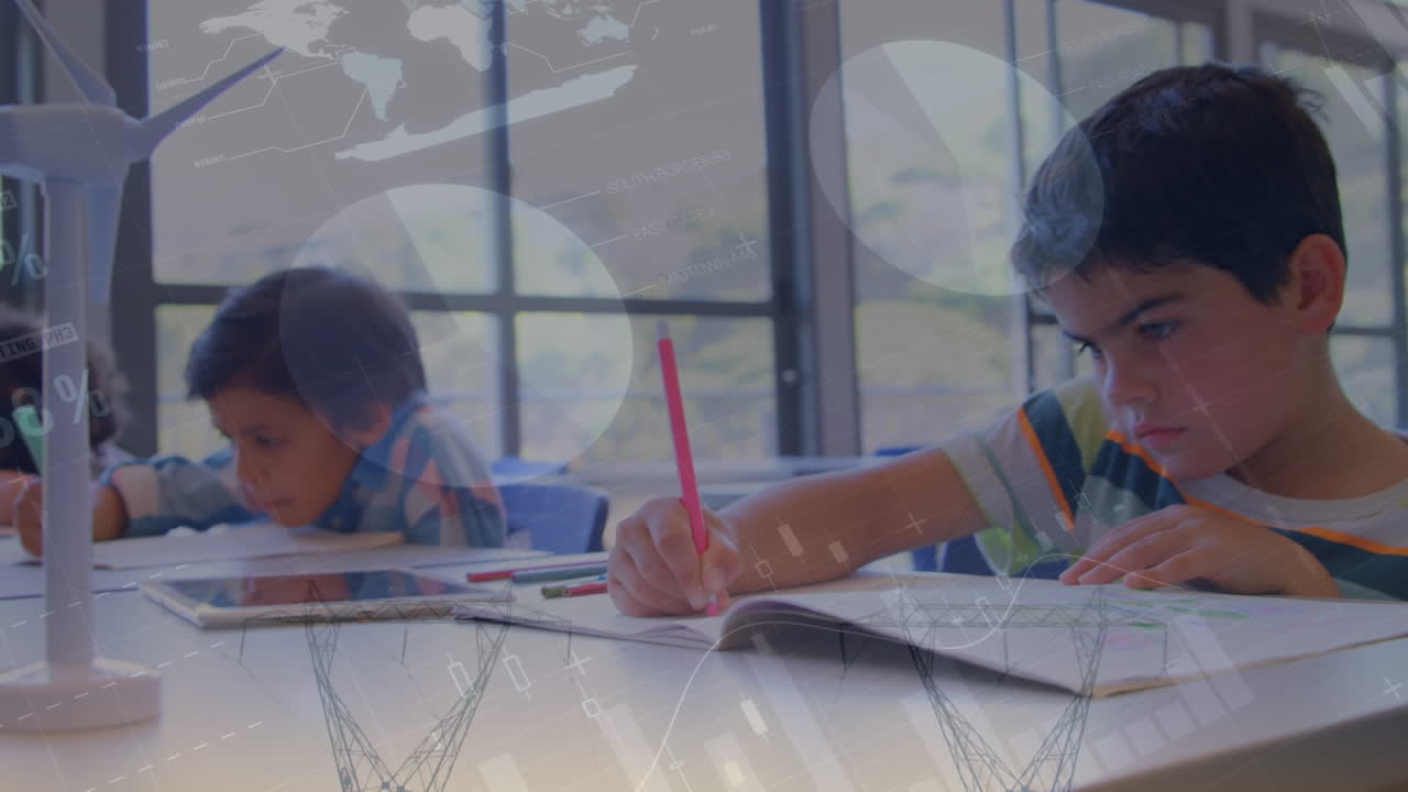 Animasi pemrosesan data di atas anak-anak sekolah yang beragam sedang belajar.