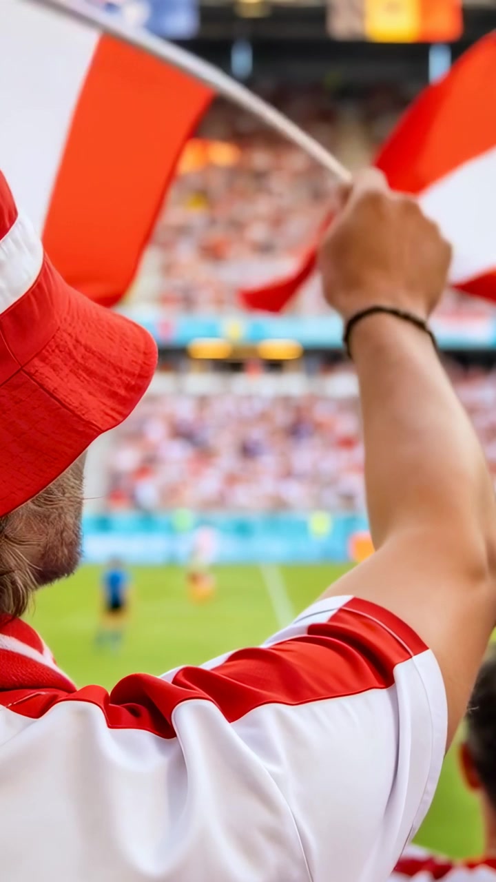 Vertikal video: Reagerer på spill, fan med rød bøttehatt vifter med rødt og hvitt flagg på stadion, med plass til tekst.