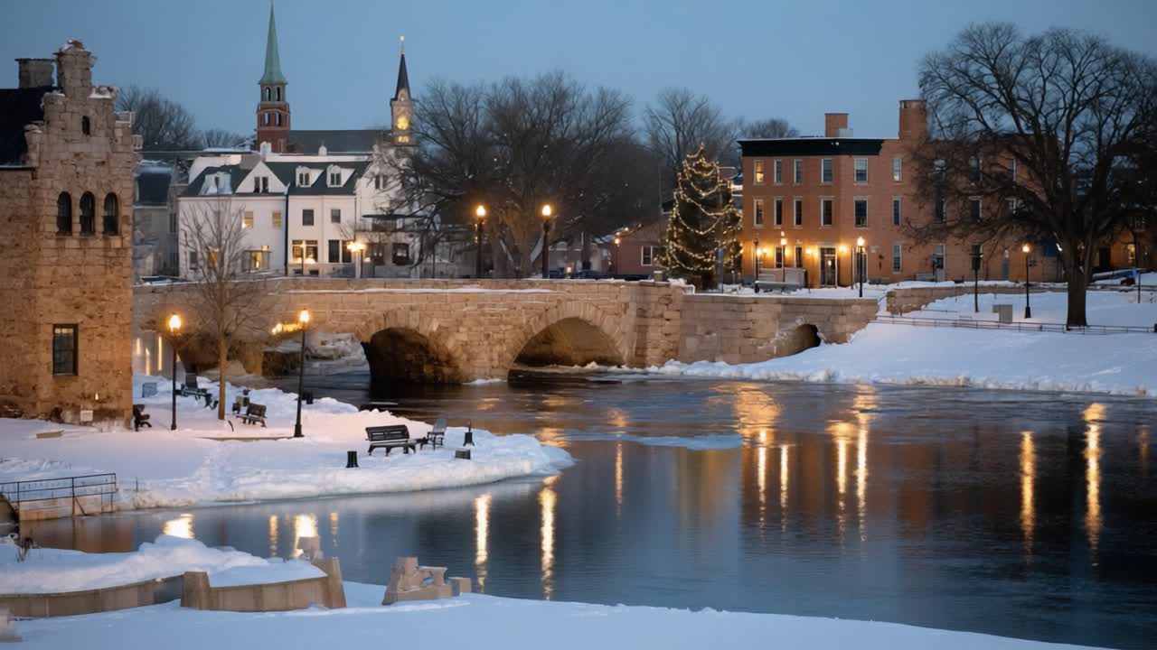 Winter Evening at the Riverside: A Picturesque Scene Capturing the Serenity of Snow-Covered Banks, Reflected Lights, and Historic Architecture Against a Dusky Sky