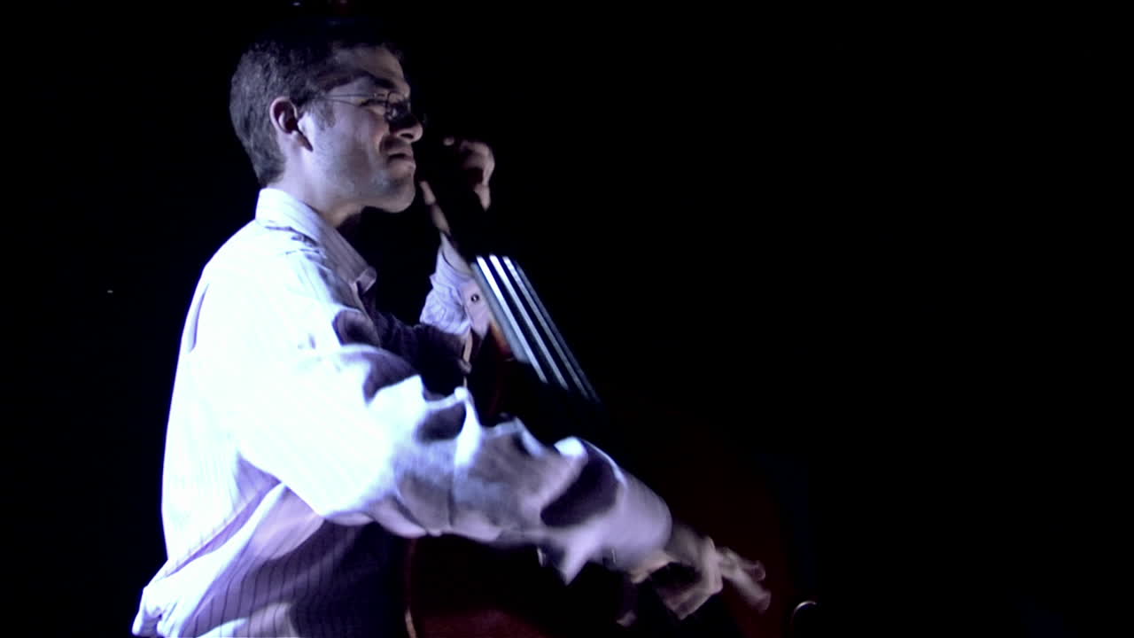 한 남자가 베이스 피들 1을 연주한다