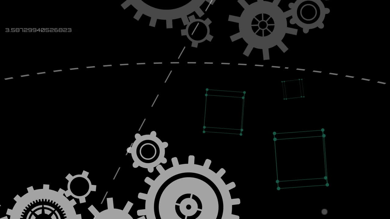 animazione della rete di ingranaggi di filatura e elaborazione dei dati