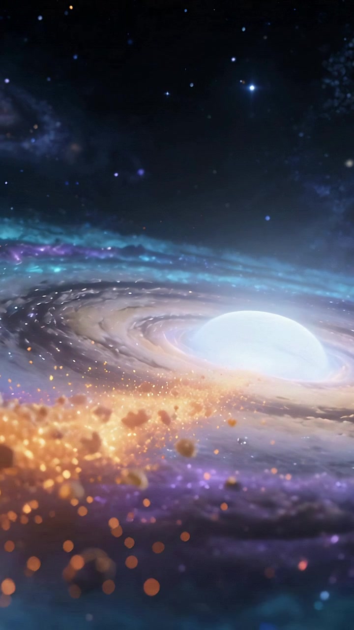 Vertical video: Zooming camera revealing bright core and gas rings in deep space