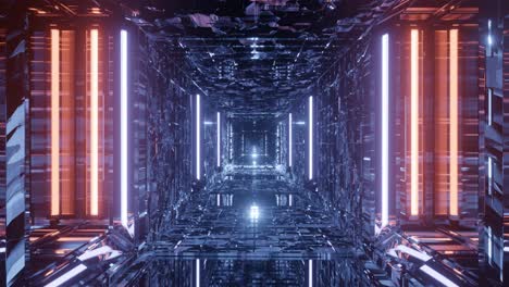 motion graphics sci fi: travel inside futuristic long purple psychedelic speckled mirrored glass square tunnel with tiled floor, ceiling and walls towards bright white blinking lights