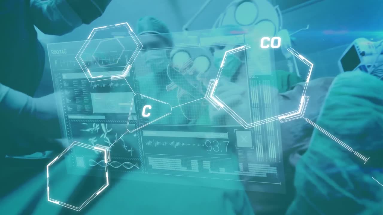 수술실에서 외과의사에 대한 화학 공식의 애니메이션