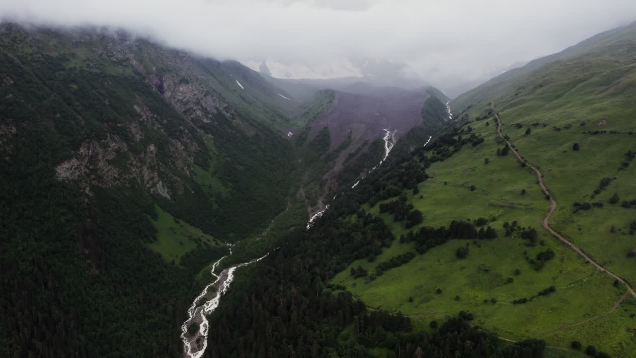 vista aérea de un valle de montaña con río y bosques