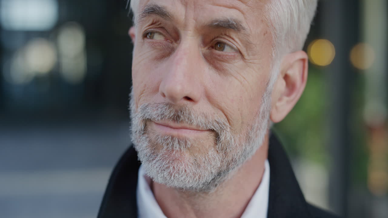 가까운 초상화: 고위 사업가, 사려 깊은 모습, 아이디어의 브레인스토밍, 성숙한 기업 경영자, 사고, 전문적인 도시 생활 방식, 느린 동작을 즐기는 모습.