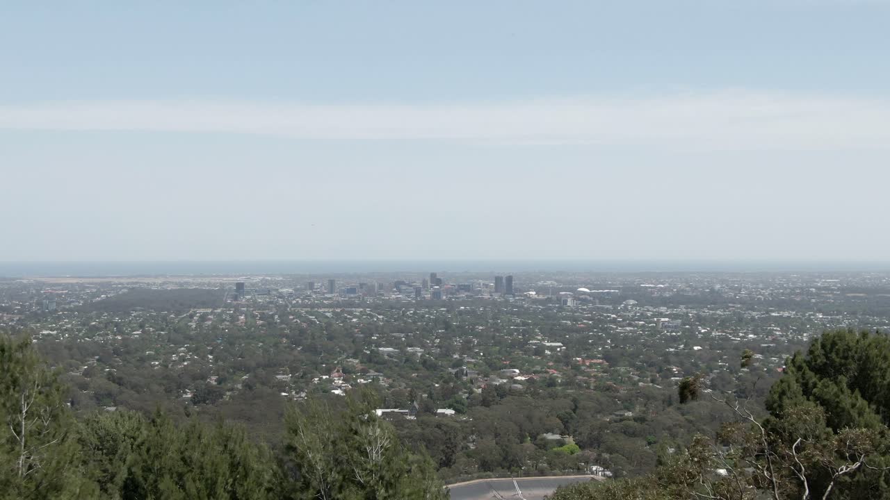 vista panorámica de la ciudad de adelaida desde una colina forestal en australia