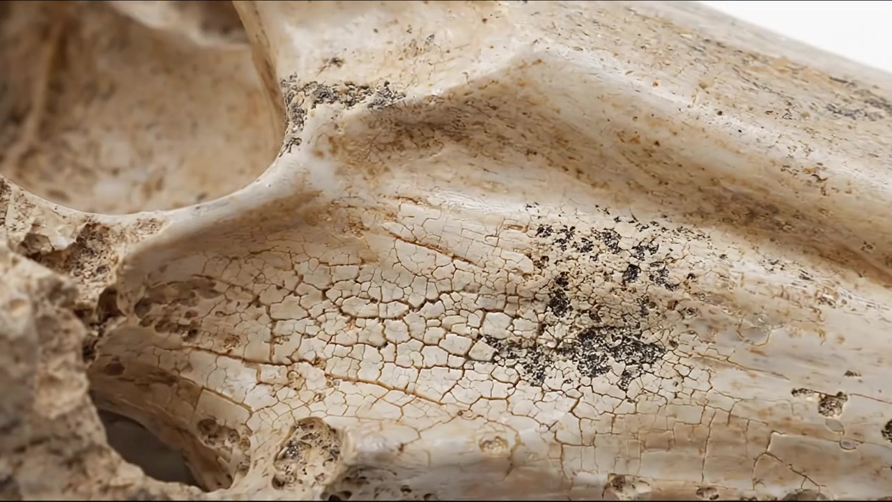 Primo piano macro di un osso cranico animale antico