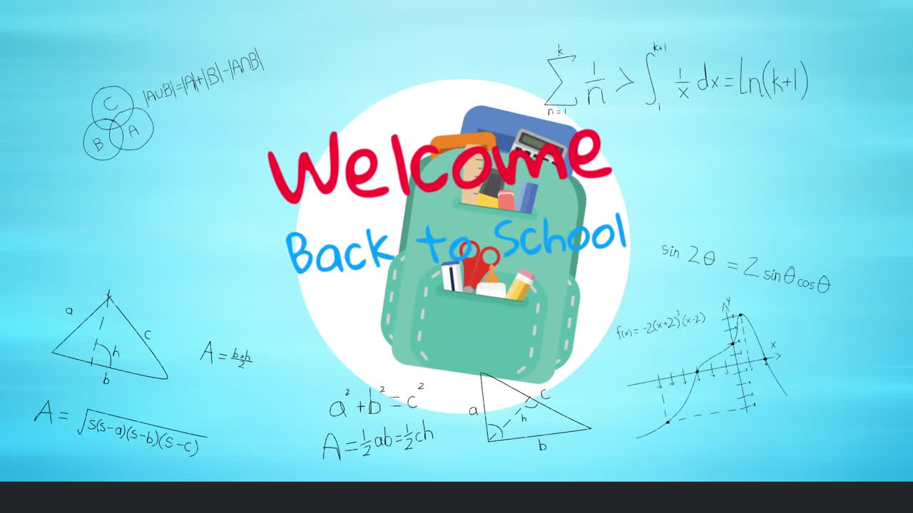 파란색 배경의 수학 방정식 위에 학교로 돌아오는 환영 텍스트의 애니메이션