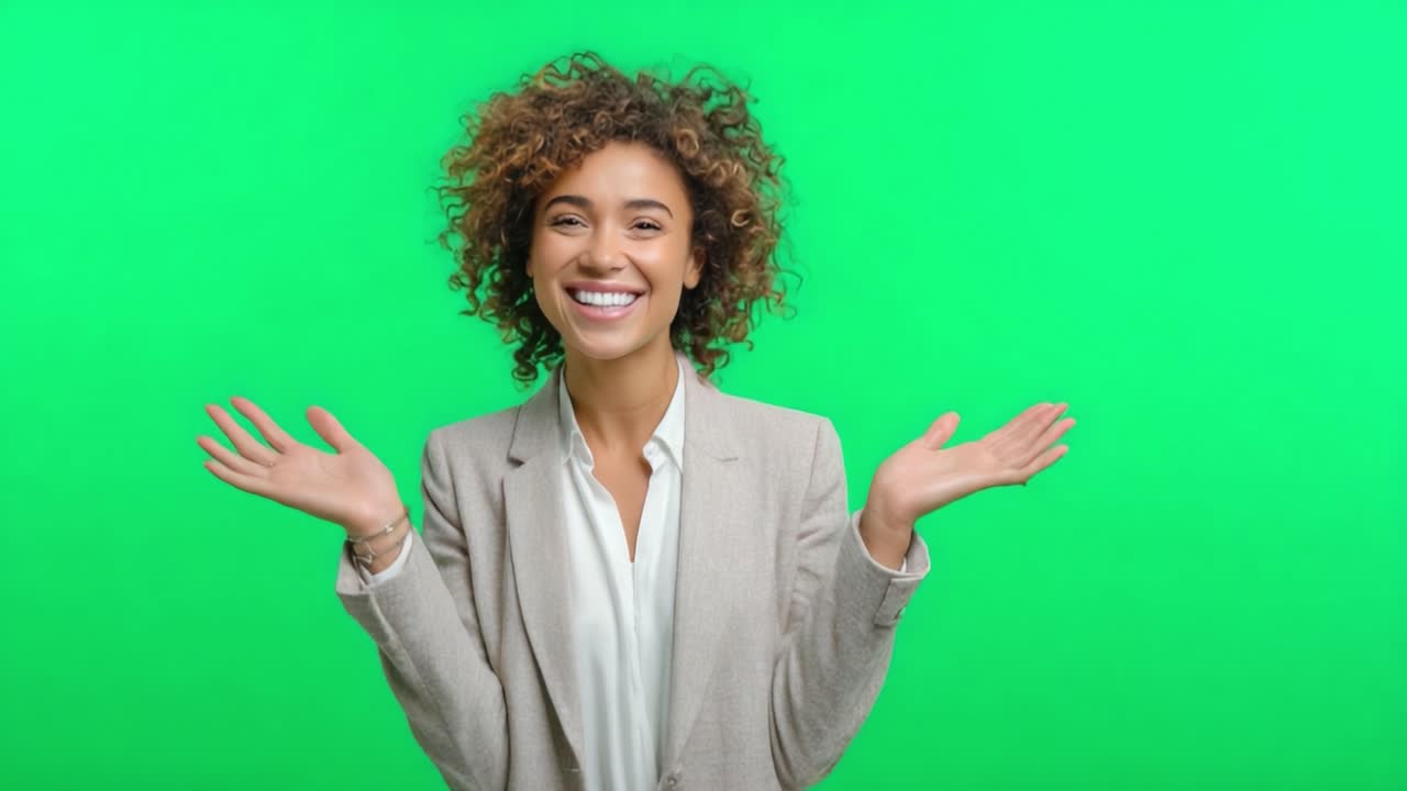 A joyful woman with curly hair smiles and gestures enthusiastically in front of a bright green backdrop, radiating positivity and energy in both frames