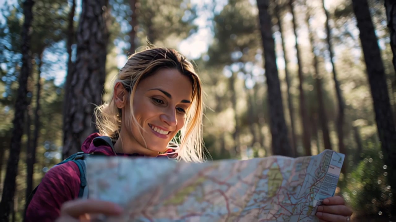 Nahaufnahme einer lächelnden Wanderin, die beim Wandern in einem sonnendurchfluteten Kiefernwald eine gefaltete Papierkarte prüft, Konzept für Outdoor-Navigation und Abenteuerreisen.