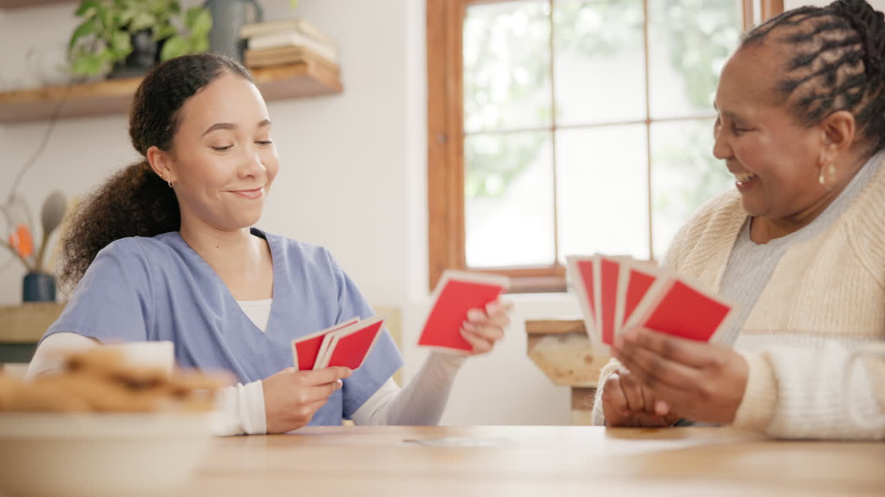 Caregiver, retirement and women playing with cards