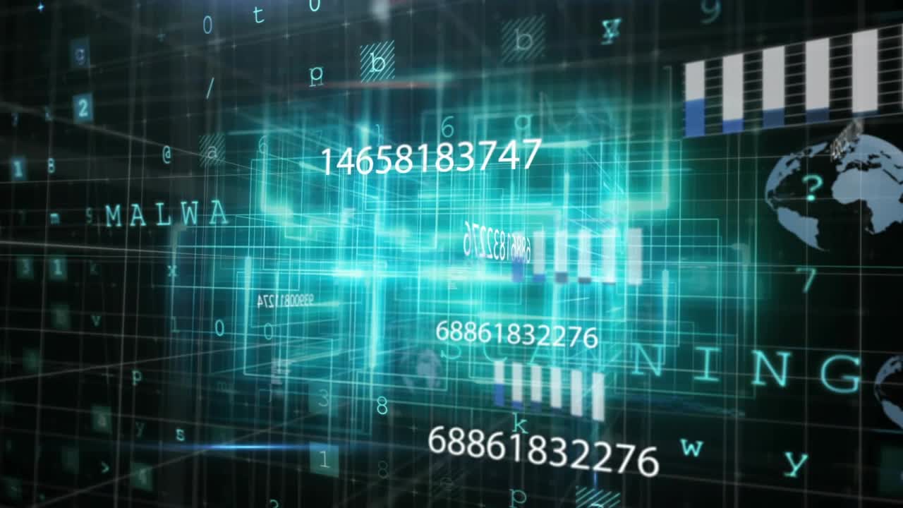 Camera opening on cyan grid, data cube rotating and updating numbers, visualizing real-time metrics
