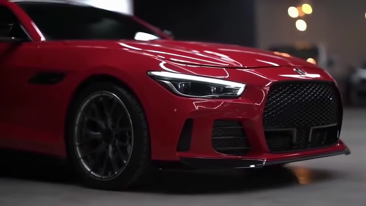 Elegante auto sportiva rossa in un garage scarsamente illuminato, ripresa dal basso con uno stile video cinematografico
