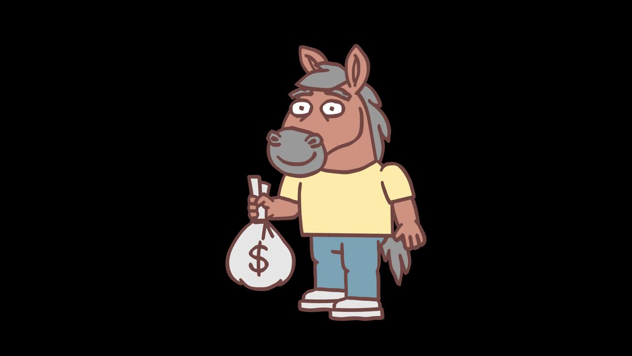 Horse character holding bag of money and smiling. Frame by frame animation. Alpha channel