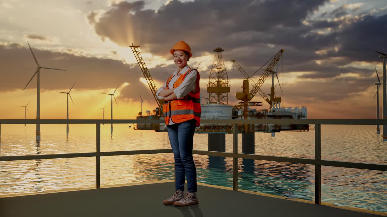 женщина-инженер на морской ветряной электростанции и нефтяной платформе на закате