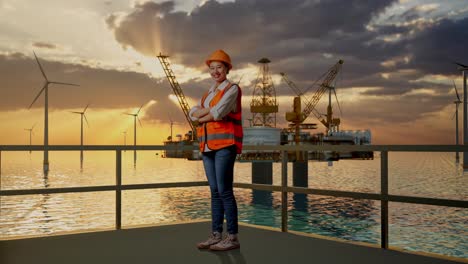 ingeniera en un parque eólico en alta mar y una plataforma de perforación petrolera al atardecer
