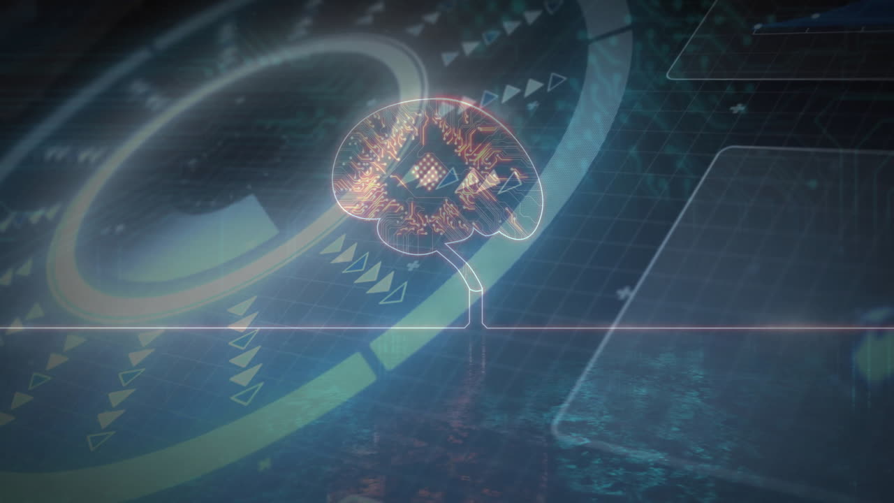 Circuit-patterned brain icon floating above dark blue grid, glowing data rings rotating around