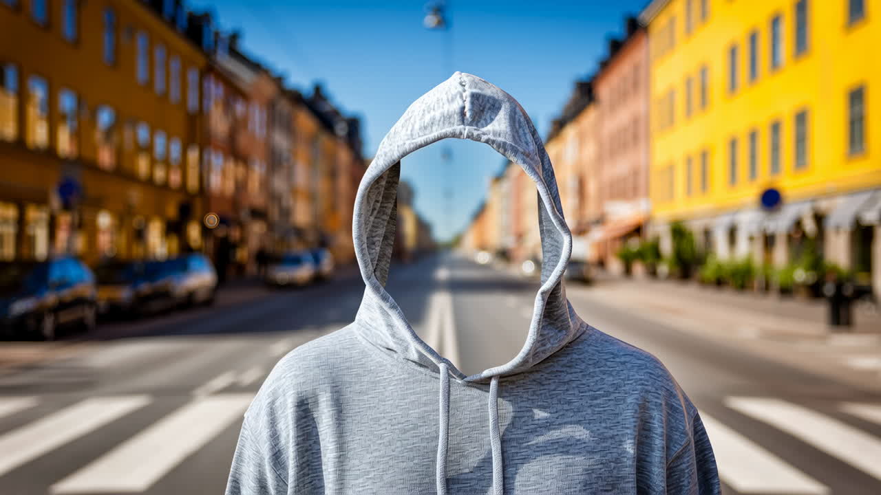 Mysterious figure in urban street scene. A hooded figure stands in the center of a sunny urban street, surrounded by colorful buildings and parked cars