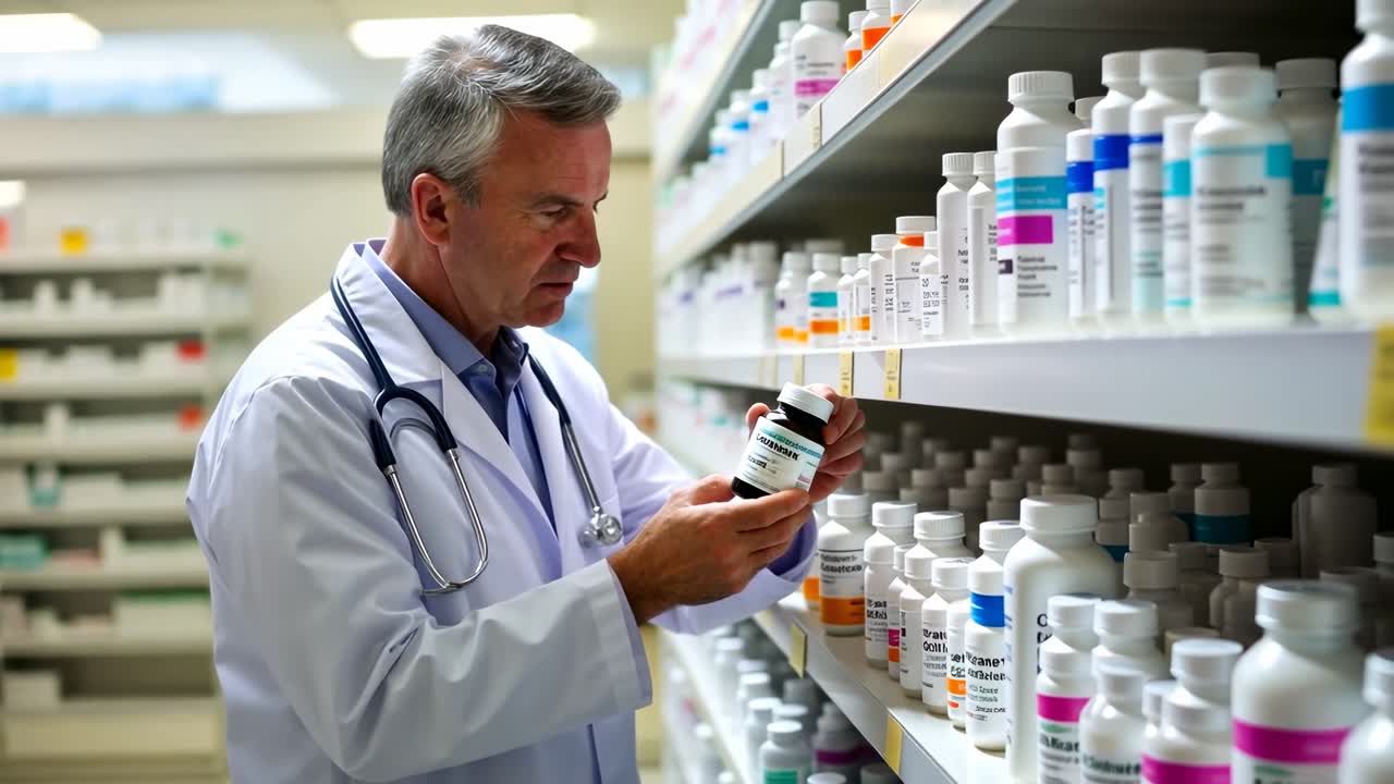 A pharmacist organizes bottles on shelves in a pharmacy