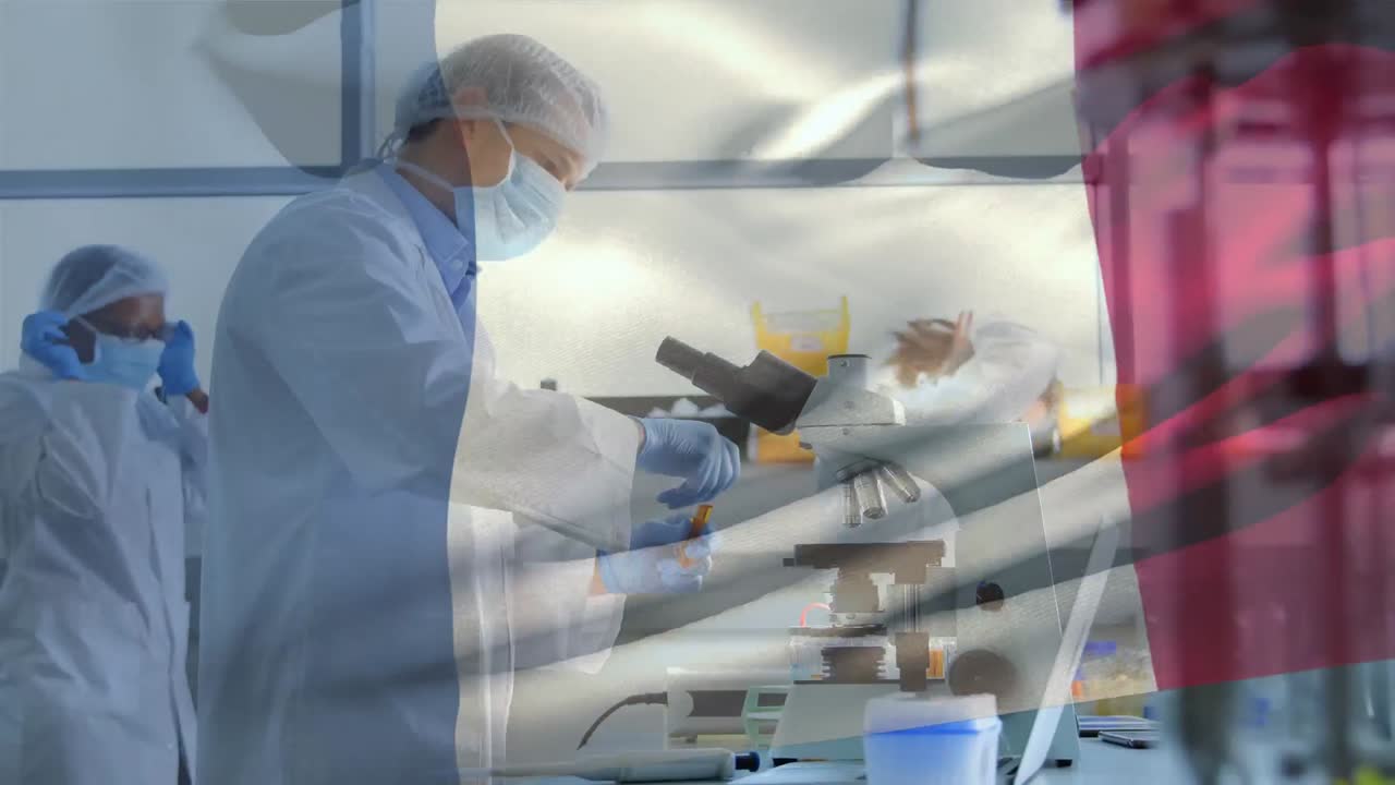 animación de la bandera francesa con un trabajador de la salud en el fondo durante la pandemia de coronavirus