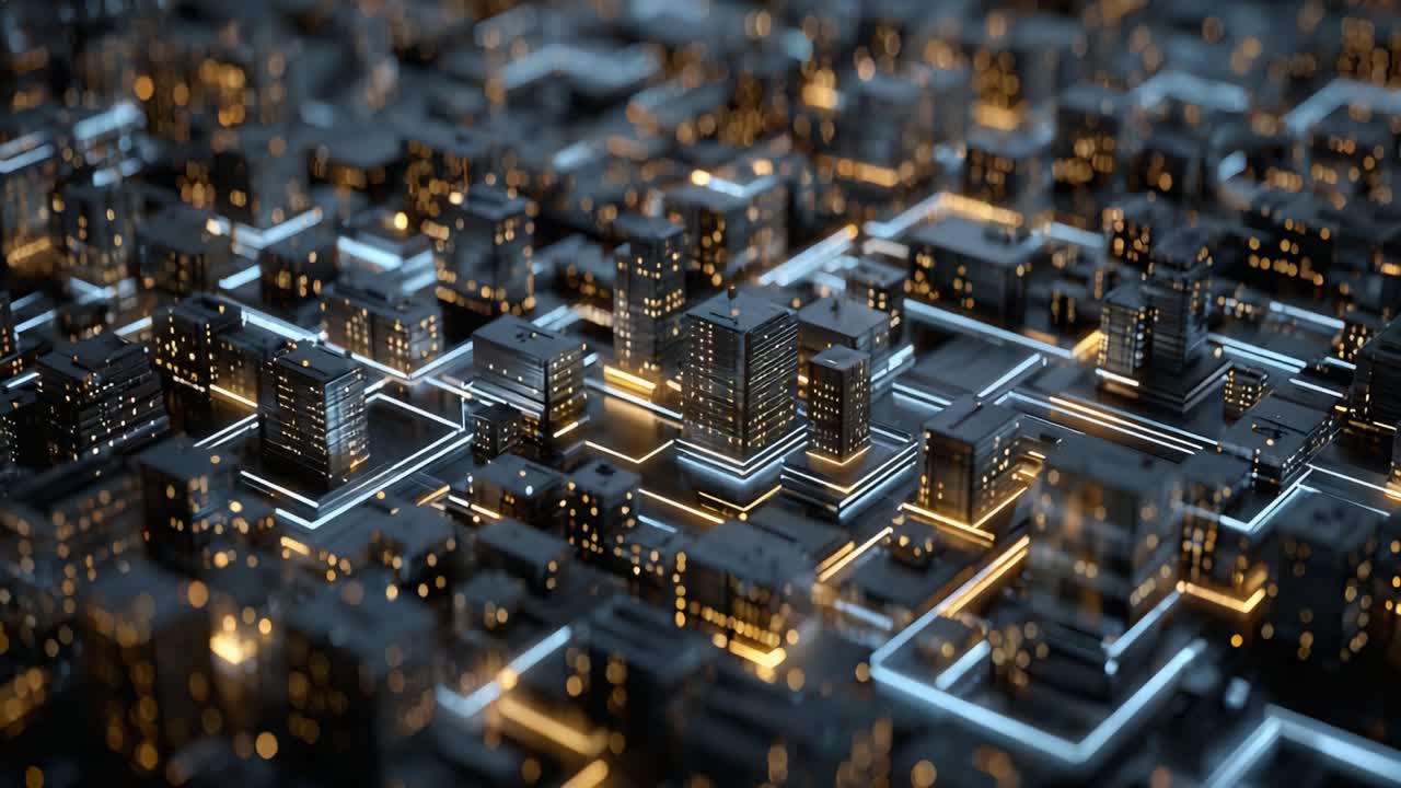 A Futuristic Urban Landscape with Inverted Lighting Highlights Showcases a Digital Cityscape, Blending Technology with Modern Architecture in a Stunning Aerial View