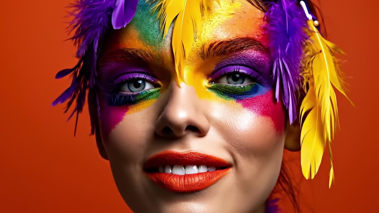 A woman with bright makeup and colorful feathers on her face