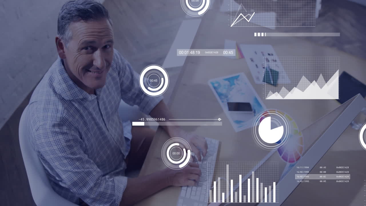 Mature man analyzing business data at wooden desk, displaying floating graphs and numeric readouts