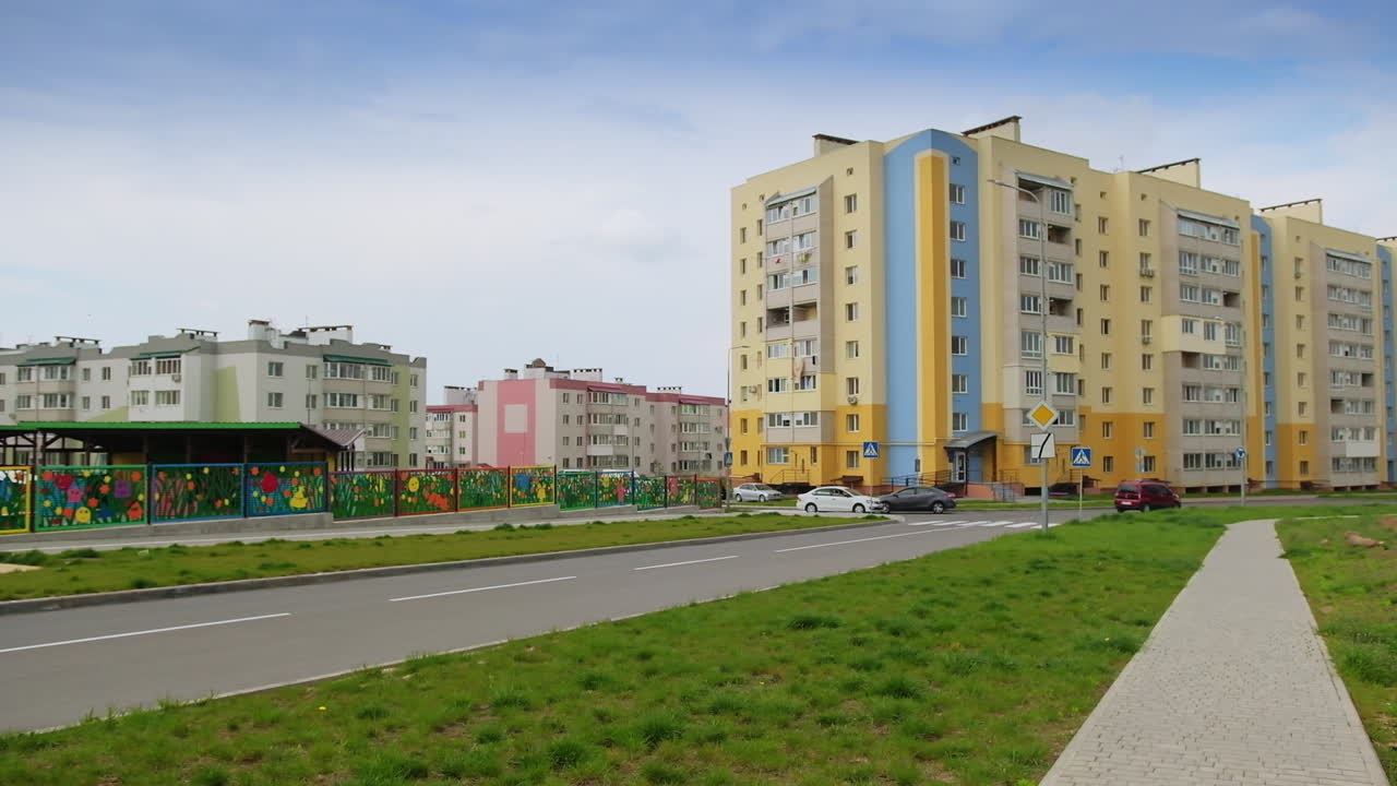 Residential area with apartment buildings and a children's park