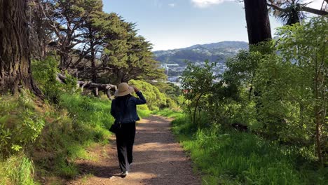 A-woman-in-a-denim-jacket-and-sun-hat-walks-to-explore-a-forest-trail-and-discovers-a-view-of-the-city-of-Wellington,-New-Zealand