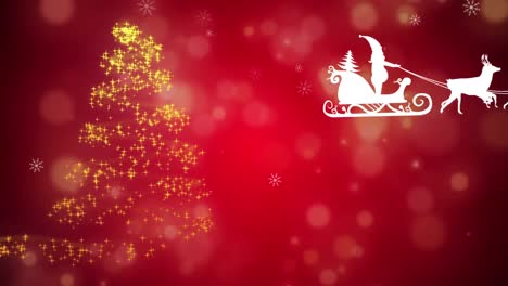 Animation-Von-Weihnachtsbaum-Und-Weihnachtsmann-Im-Schlitten-Mit-Rentieren-Auf-Rotem-Hintergrund