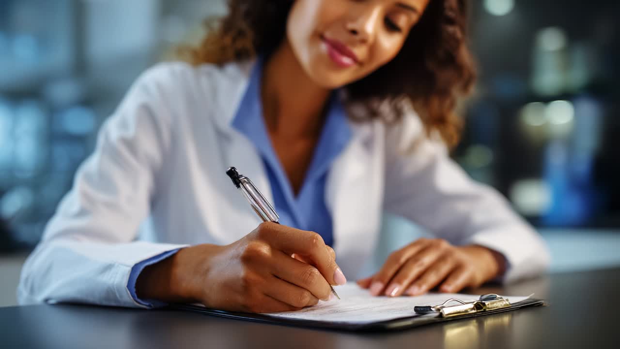 A focused professional woman in a white coat diligently writing on a clipboard with a pen in a well-lit office setting, emphasizing attention to detail and professionalism in her work environment