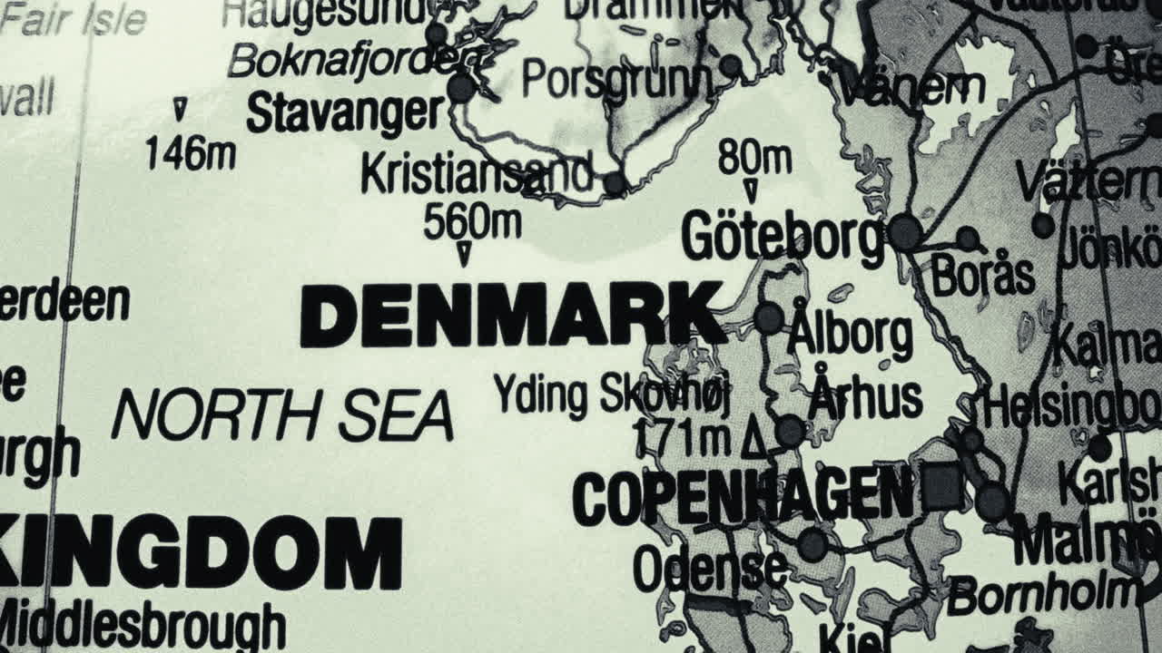 Close-up view of a map showing Denmark and the North Sea region