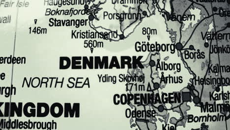 close-up view of a map showing denmark and the north sea region
