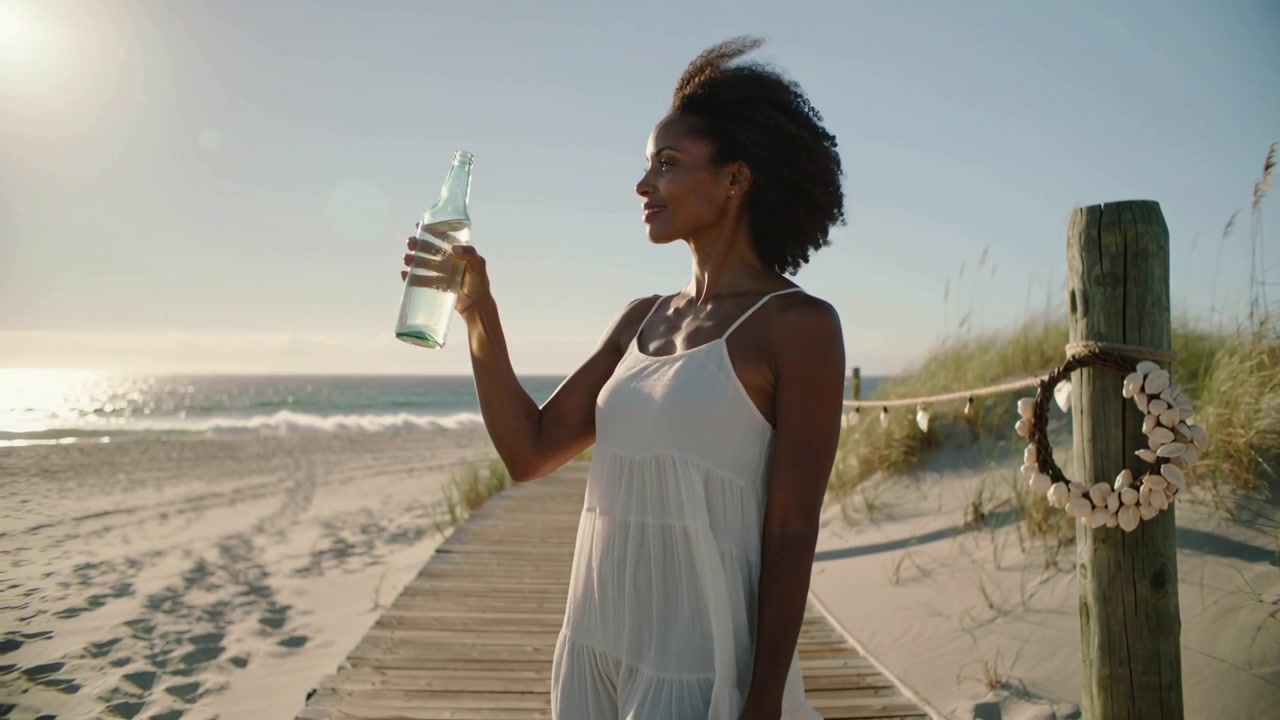 Sun glare drawing woman in white dress on boardwalk raising glass bottle toward horizon, copy space