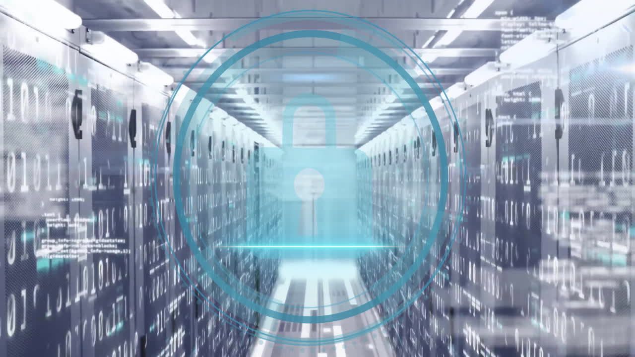 락 아이콘의 애니메이션과 컴퓨터 서버를 통해 디지털 데이터 처리