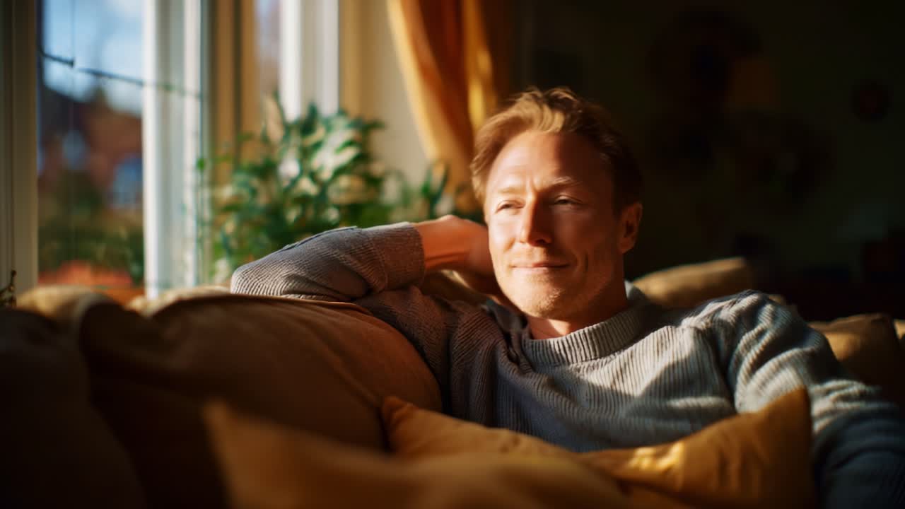 Contemplative Man Enjoying Sunlight in a Cozy Living Room while Relaxing on a Couch Surrounded by Plants and Soft Pillows, Captured in Natural Light