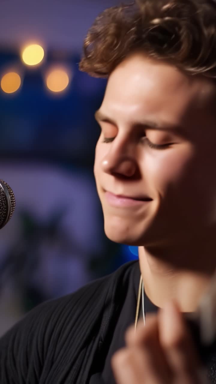 Accattivante esibizione musicale: Un giovane artista coinvolge emotivamente il pubblico mentre canta in un microfono sotto un'illuminazione soffusa e calda.