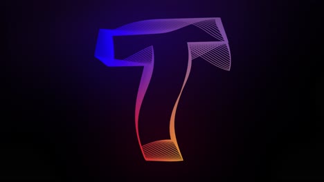 3d letra t líneas giratorias animación en fondo de gradiente oscuro abstracto gráfico de movimiento dinámico tipografía de brillo de partículas efecto visual arco iris alfabeto digital