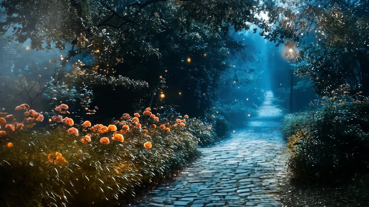 A serene, mystical garden path with glowing flowers and fireflies, captured in a wide-angle video