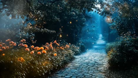 A serene, mystical garden path with glowing flowers and fireflies, captured in a wide-angle video