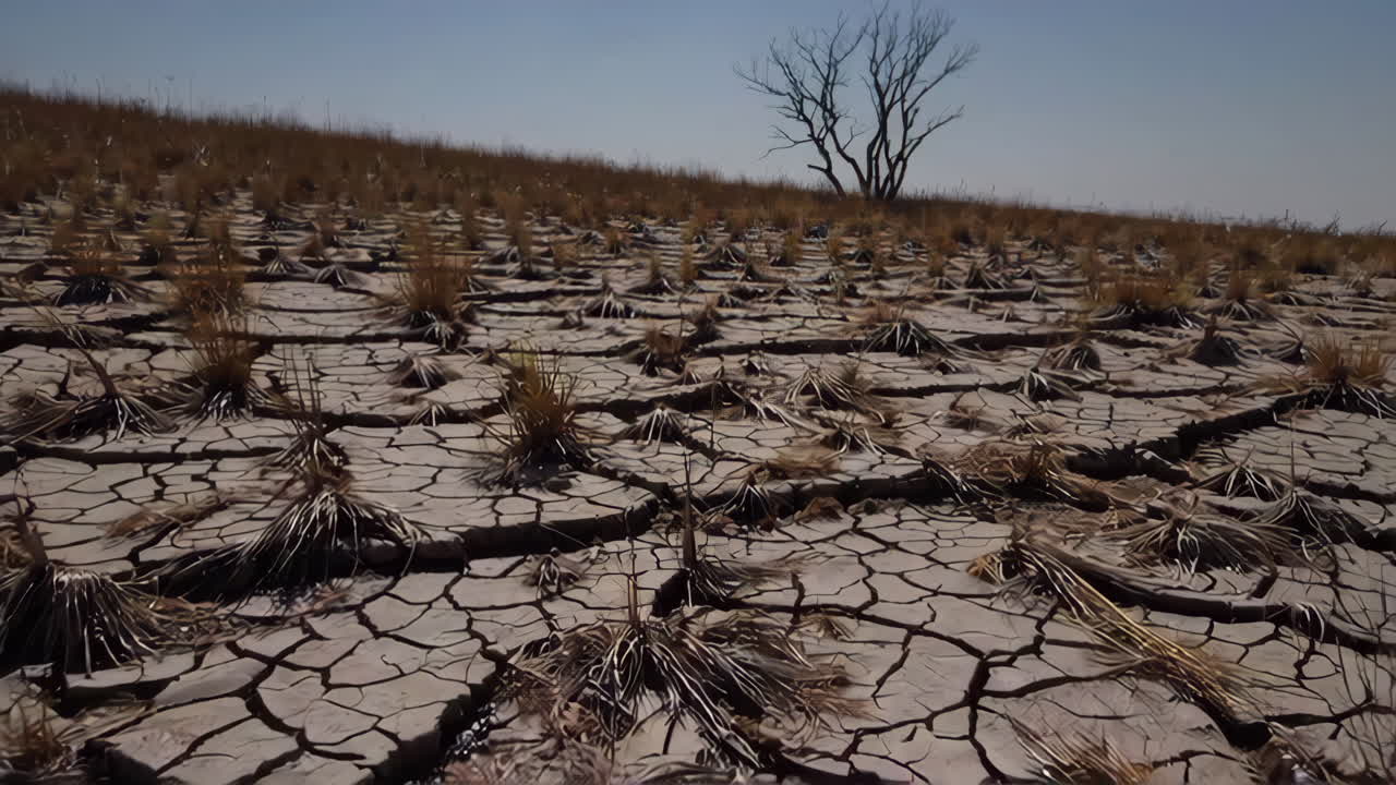 Dry, Cracked Earth Landscape with Sparse Vegetation