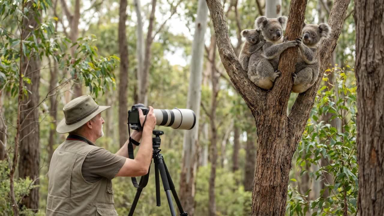 写真家がユーカリの森でコアラとジョーイを撮影