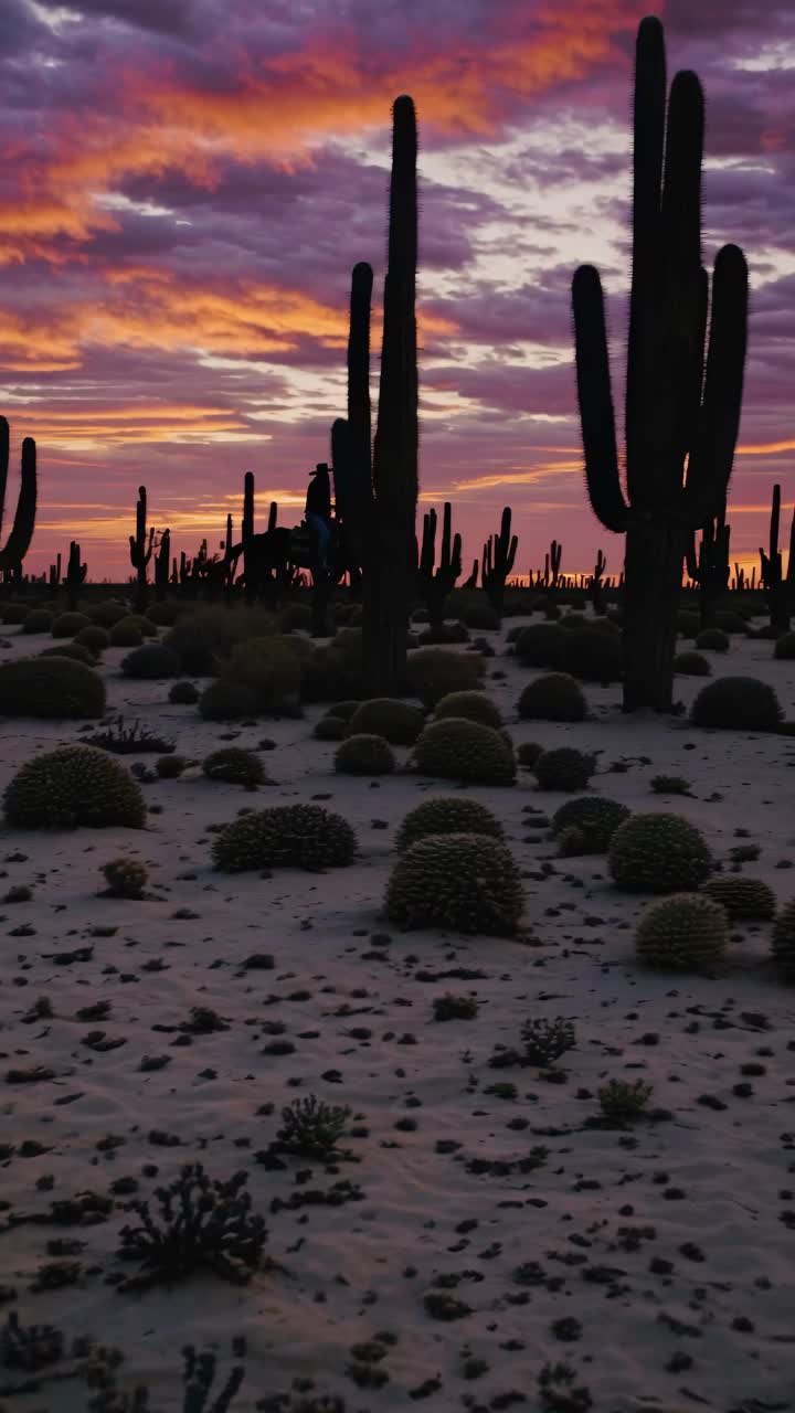 Silhouetted cacti at sunset in a desert landscape, captured from a low angle