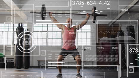 animation of diagrams and data processing over caucasian strongman lifting weight bar